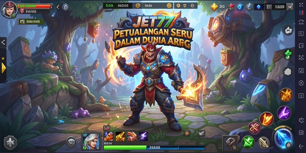 Screenshot gameplay JET77 menampilkan pertarungan seru di dunia fantasi.